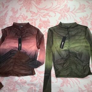 Sheer Ruched Tops - Pink and Green